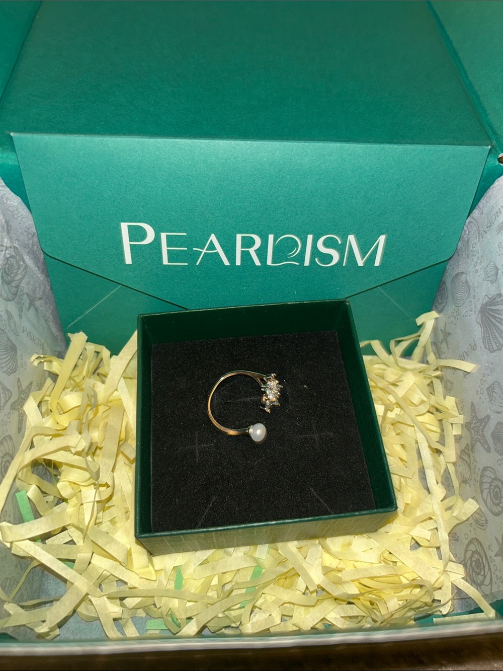 Gold Pearl & Crystal Open Ring - White Pearl